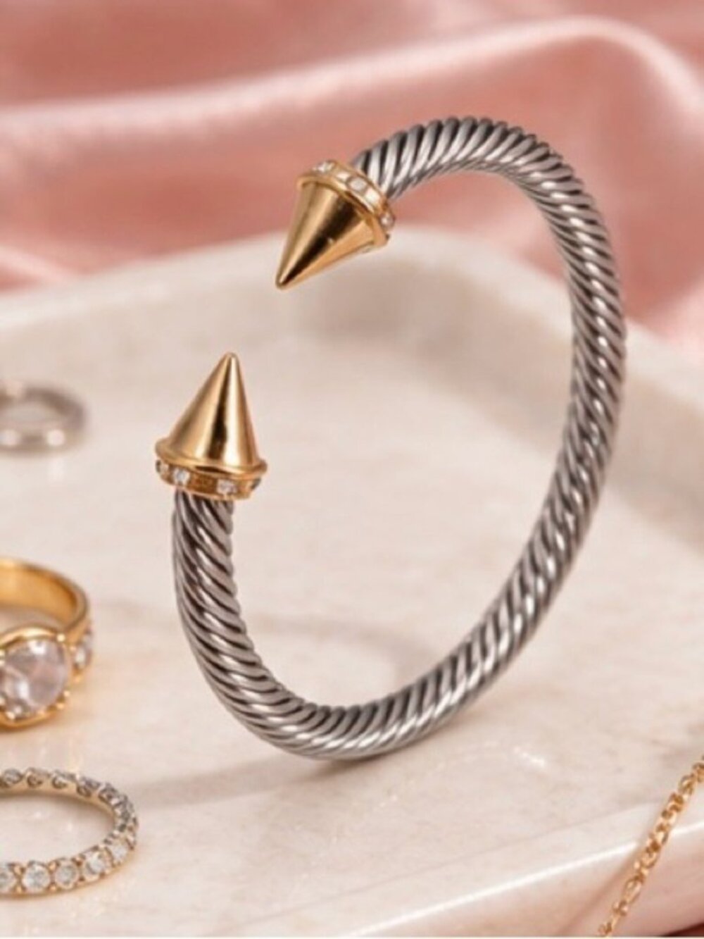 Twisted Cable Open Cuff Bracelet with Gold Spike